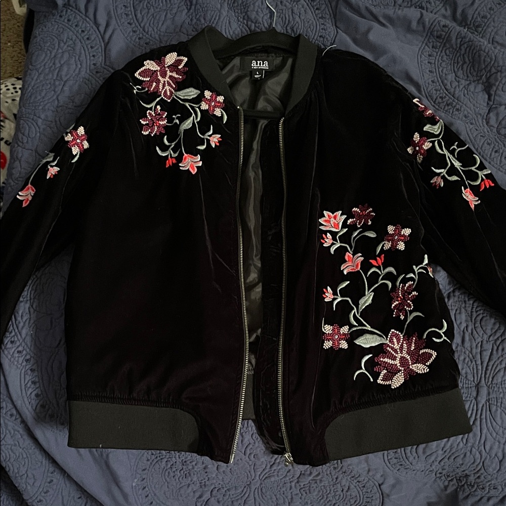 a.n.a Black Bomber Jacket with Floral Embroidery